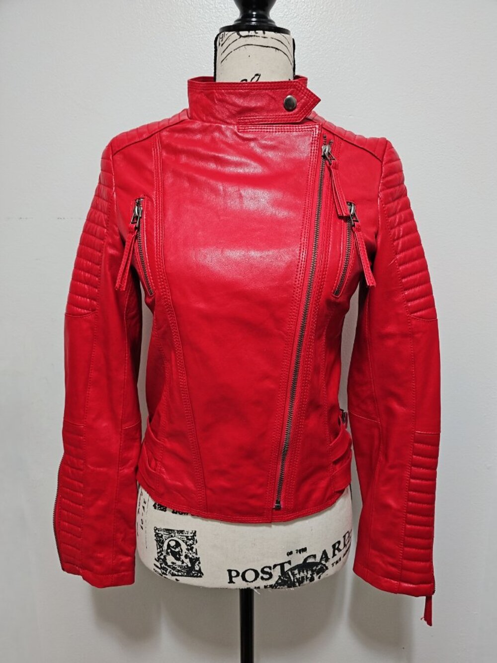 NewReal Lamb Leather Motorcycle Biker Ride Jacket Military Holiday Christmas Red